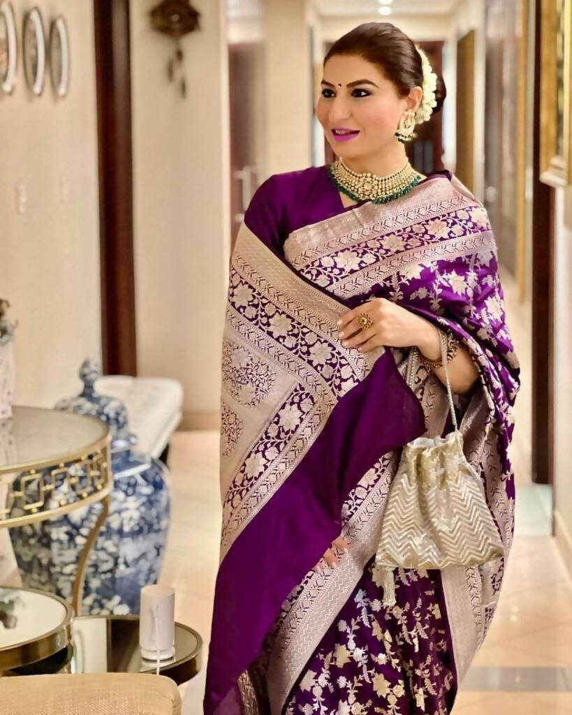 DEIANA'S Beautiful Designer Golden zari Soft Lichi Silk Saree - Wine