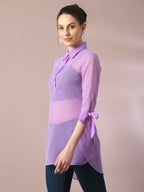 Myshka Women's Lavender Solid Georgette Longline Party Sheer Tunic