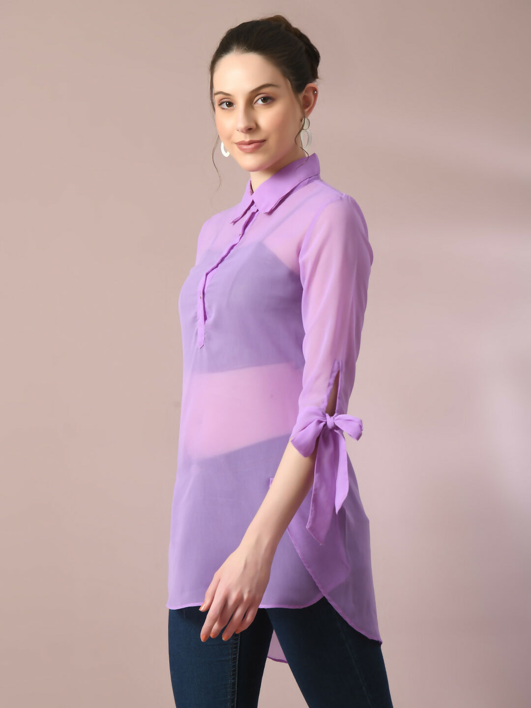Myshka Women's Lavender Solid Georgette Longline Party Sheer Tunic