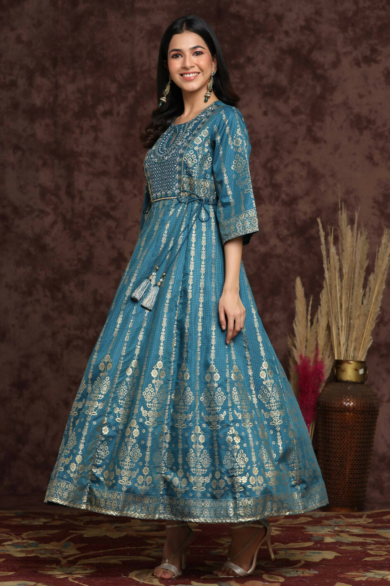 Juniper Women Teal Shantoon Printed Anarkali Dress - Distacart