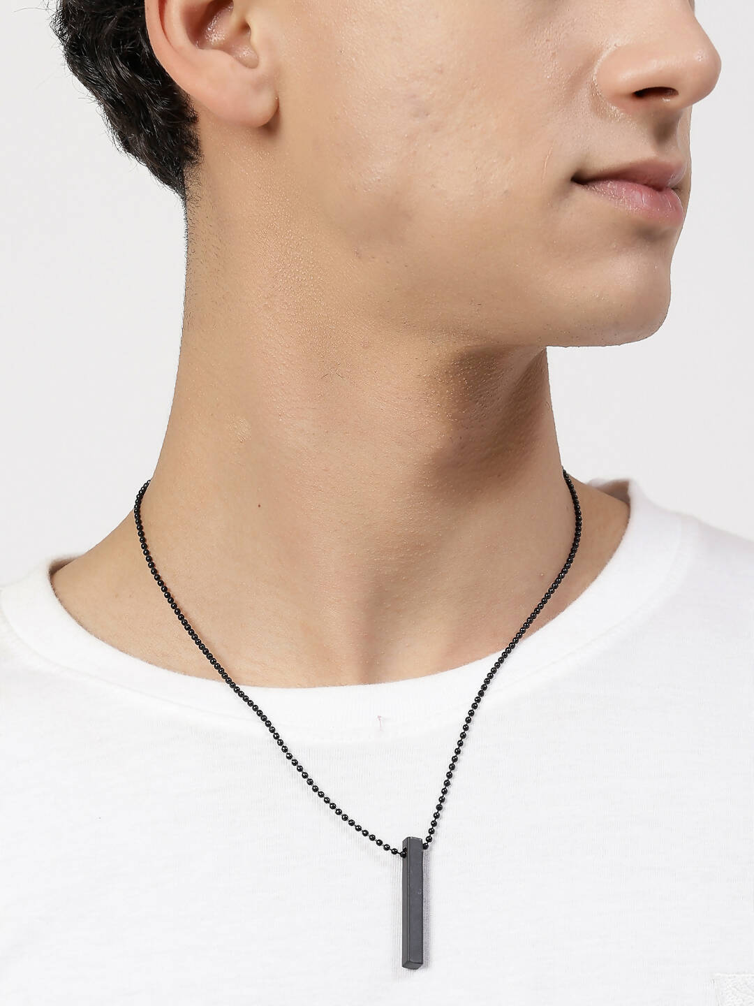 NVR Men's Black Rhodium Plated Bar Pendant & Chain