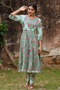 Yufta Women Grey Handblock A-Line Kurta with Trouser