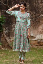 Yufta Women Grey Handblock A-Line Kurta with Trouser