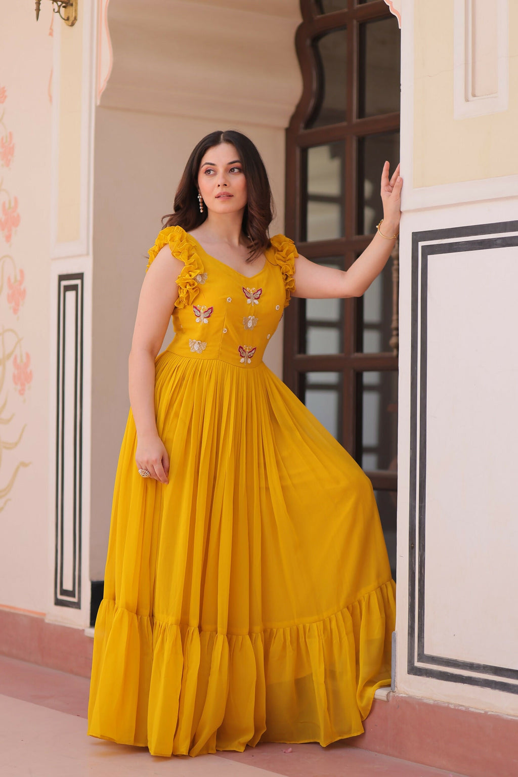 Joban Fashion Yellow Georgette Sequence Embroidery Work Gown - Distacart