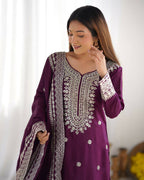 Joban Fashion Wine Kurta Set Silk Sequins , Zari, Coding & Thread Embroidered work - Distacart