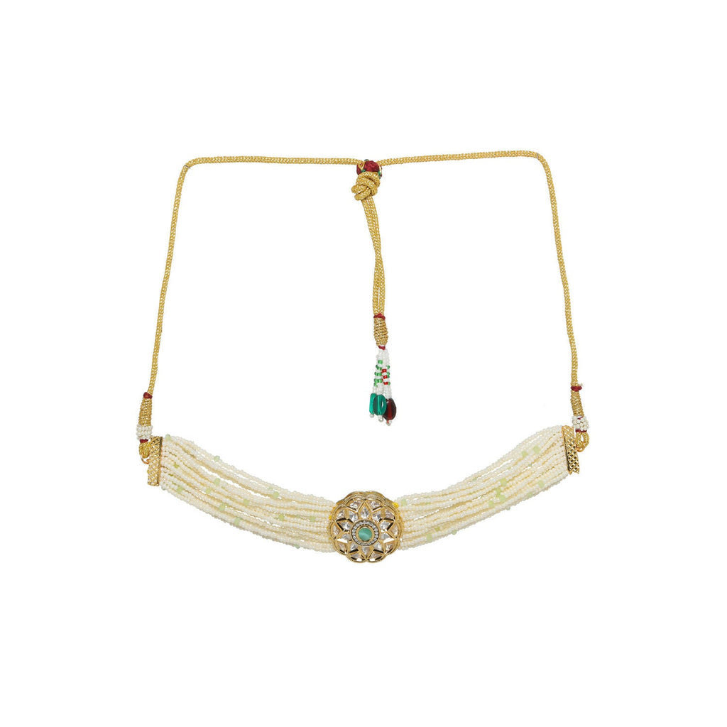Pearl and Kundan Choker with Intricate Flower Design (White) - Ruby Raang