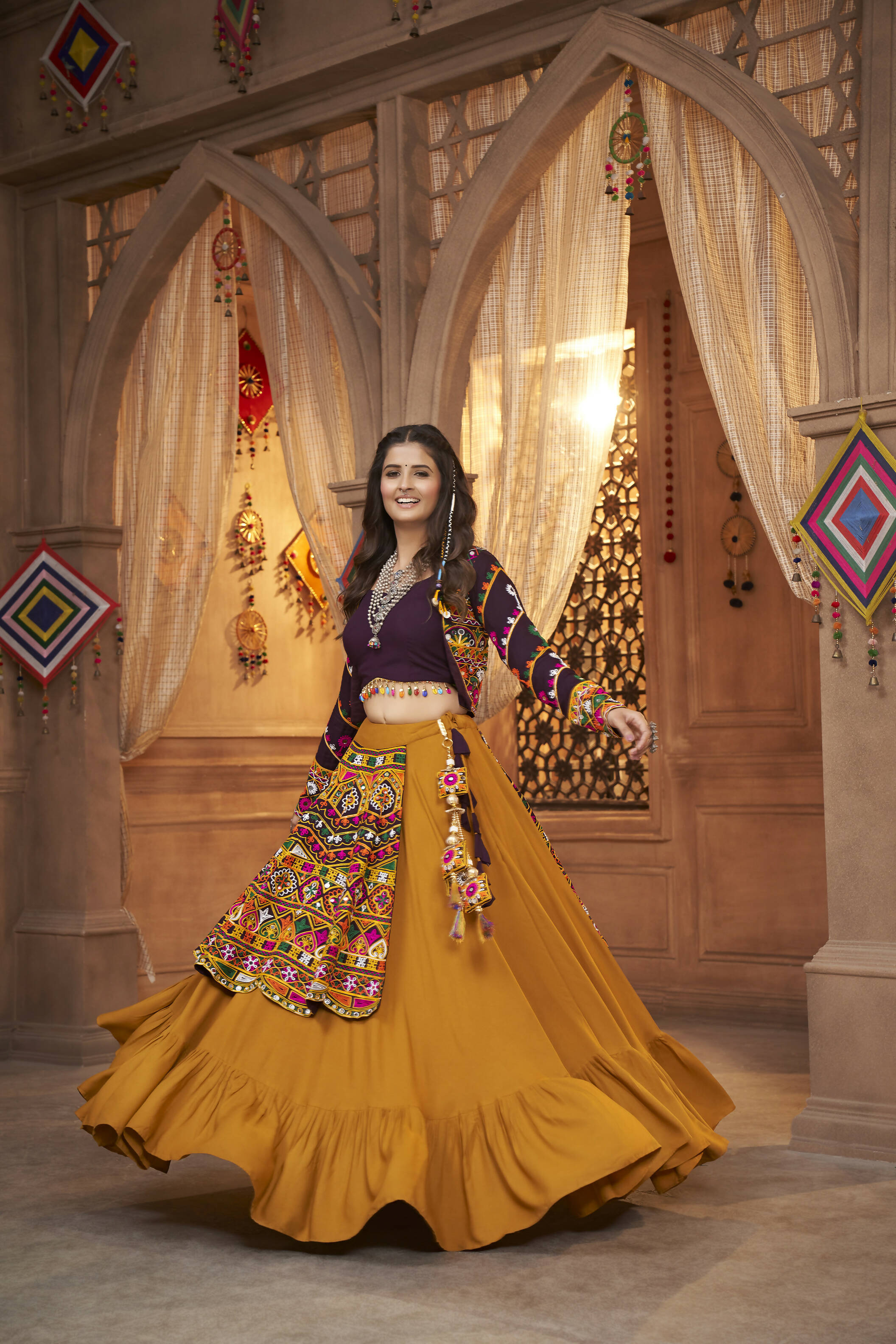 Mustared Yellow Viscose Rayon Thread Embroidered Work With Mirror All Over Navratri Lehenga Choli With Dupatta - Raas