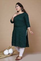 Miravan Women's Plus Size Green Embroidered Straight Kurti
