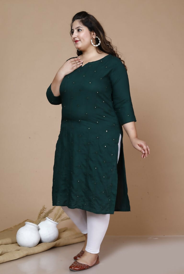Miravan Women's Plus Size Green Embroidered Straight Kurti