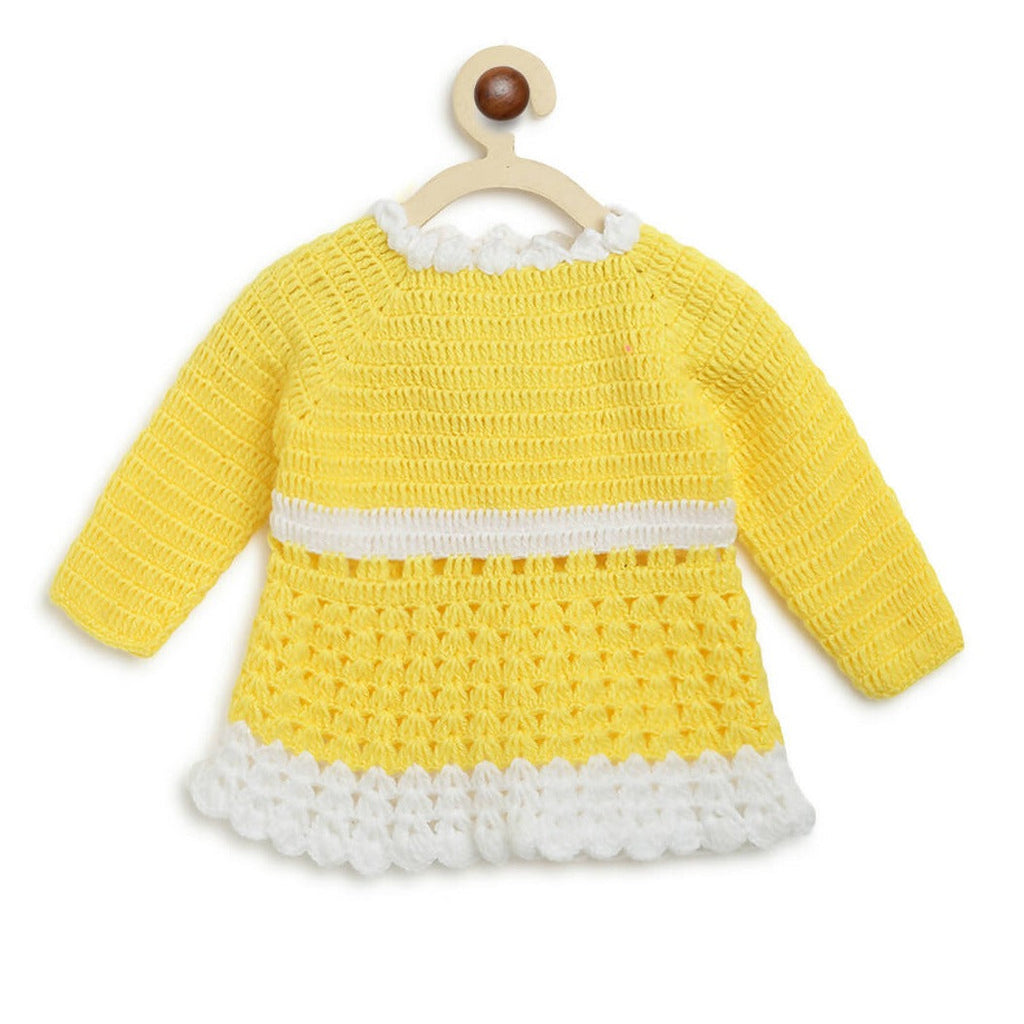 ChutPut Hand knitted Crochet Haldi Wool Dress For Baby Girls - Yellow