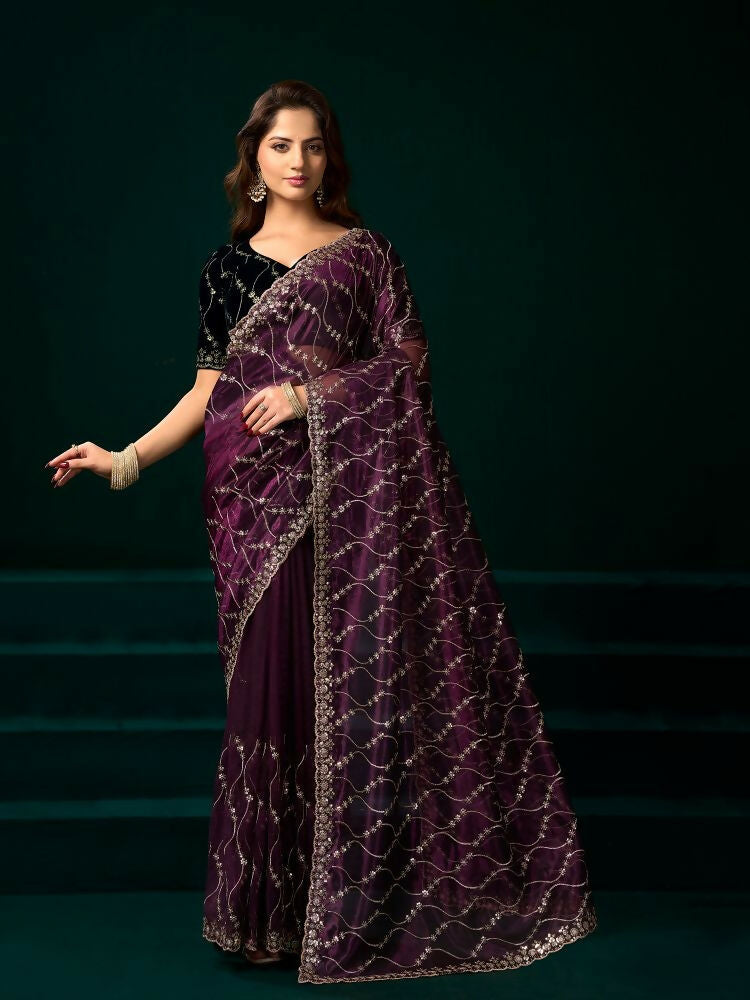 Joban Fashion Wine Net Party Wear Sarees - Distacart