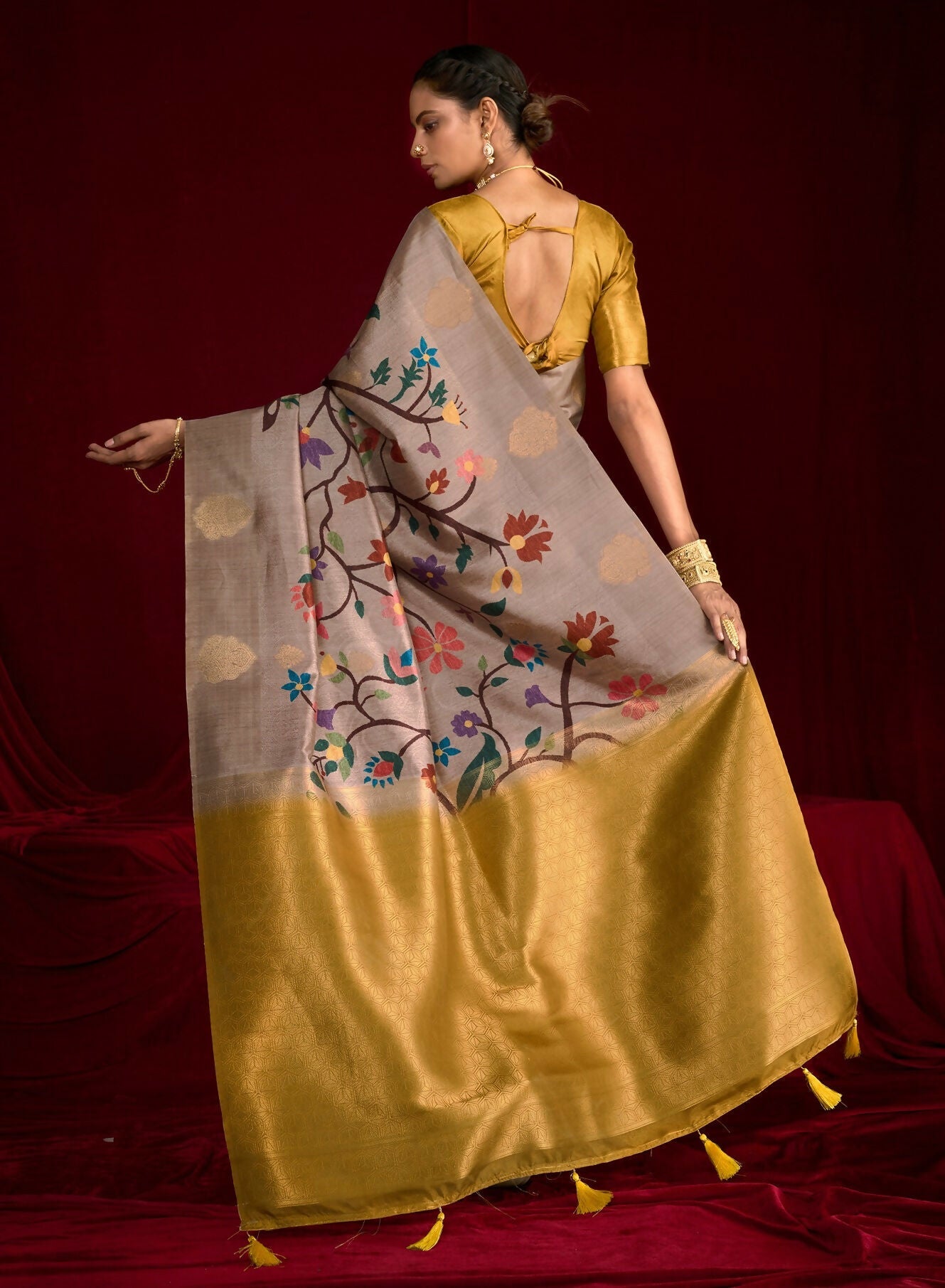 Joban Fashion Multi Color Soft Silk Weaving Fabric With Digital Jamdani Print With Jacquard Rich Pallu & Blouse With Spring Tassels - Distacart