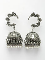 NVR Women's Silver Plated Pearl Beaded Oxidised Contemporary Jhumka Earrings - Distacart
