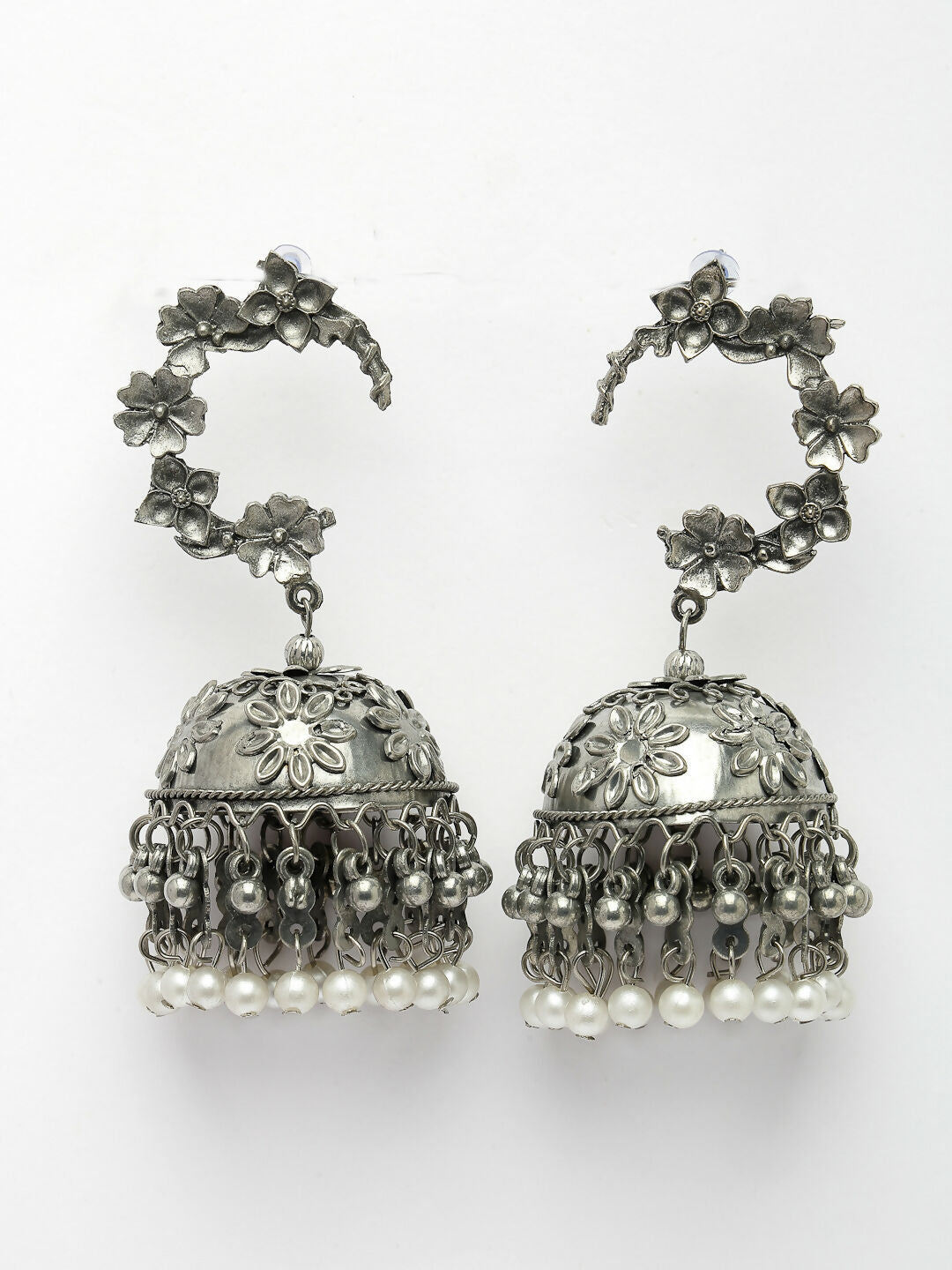 NVR Women's Silver Plated Pearl Beaded Oxidised Contemporary Jhumka Earrings - Distacart