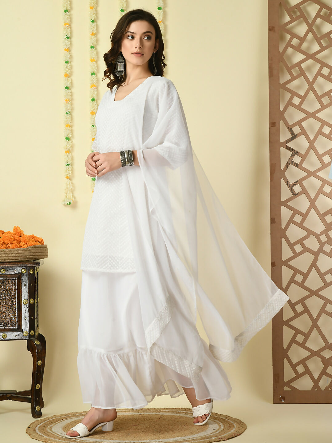 Myshka Women's White Georgette Kurti & Skirt With Dupatta Party Sets