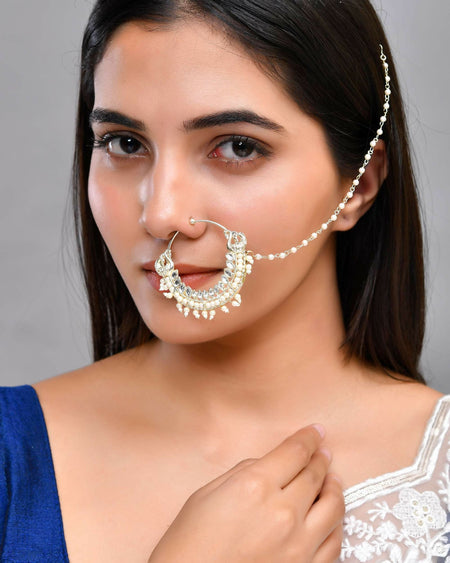 VOJ Gold-Polished With Pearl Indian Nose Pin