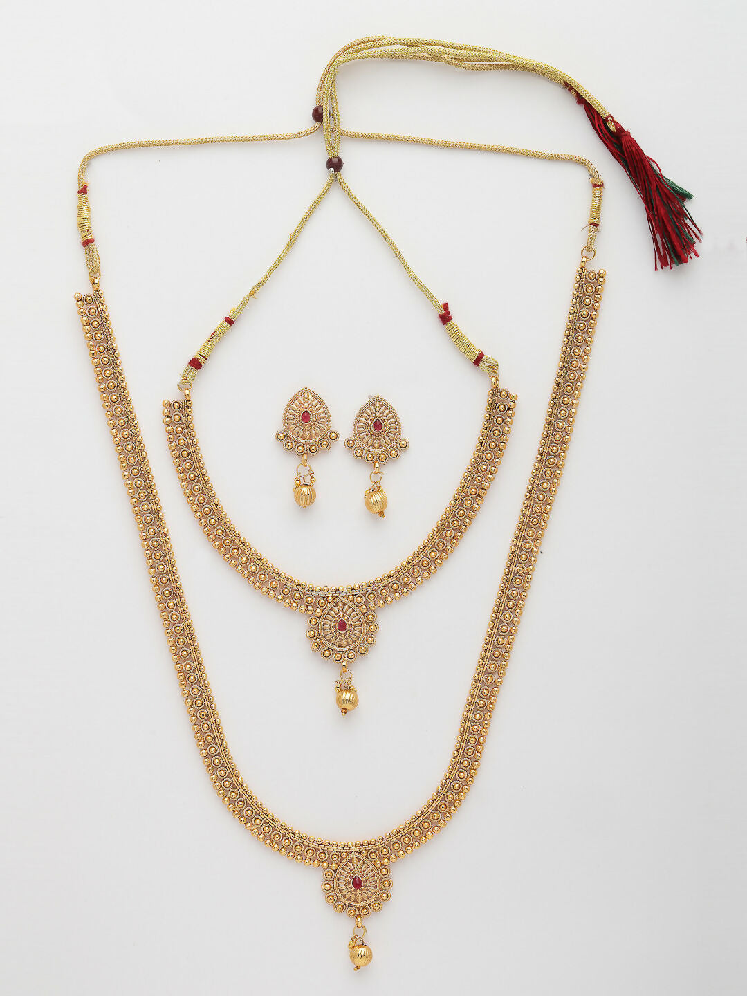NVR Women's Set of 2 Gold-Polished Pink Stone Studded Jadau Jewellery Set