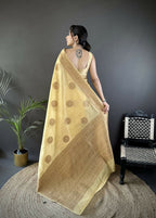 Joban Fashion Yellow Floral & Paisley Linen Silk Banarasi Saree - Distacart