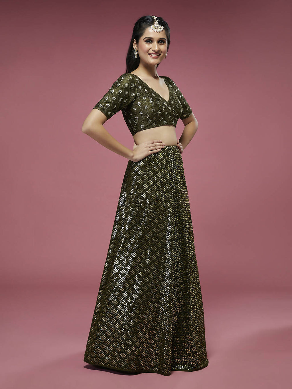 House of Panchhi Olive Georgette Sequinse Embroidered Lehenga & Blouse with Dupatta