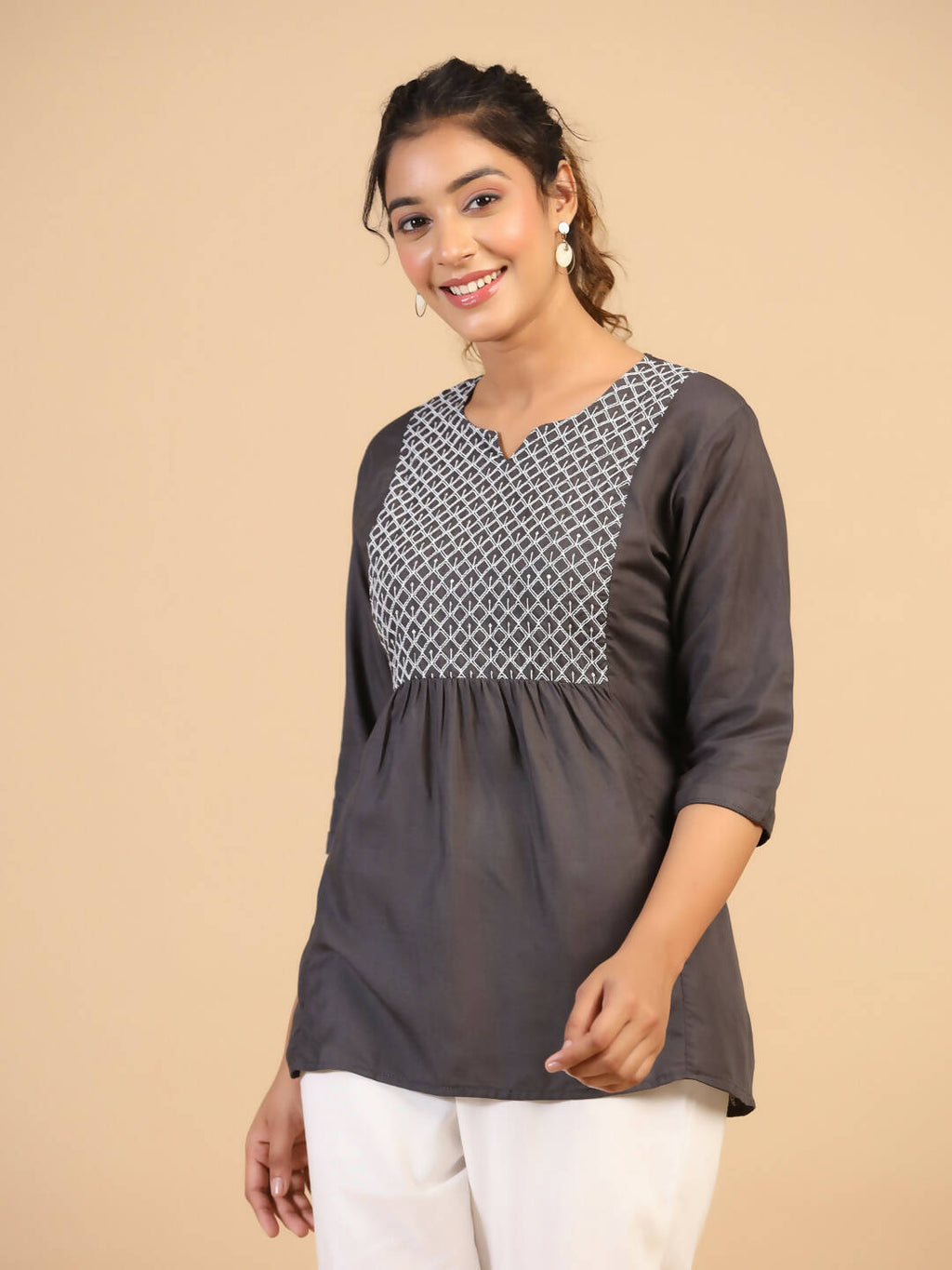 Womens Grey Rayon Yoke Embroidered Top - Keeva