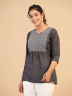 Womens Grey Rayon Yoke Embroidered Top - Keeva