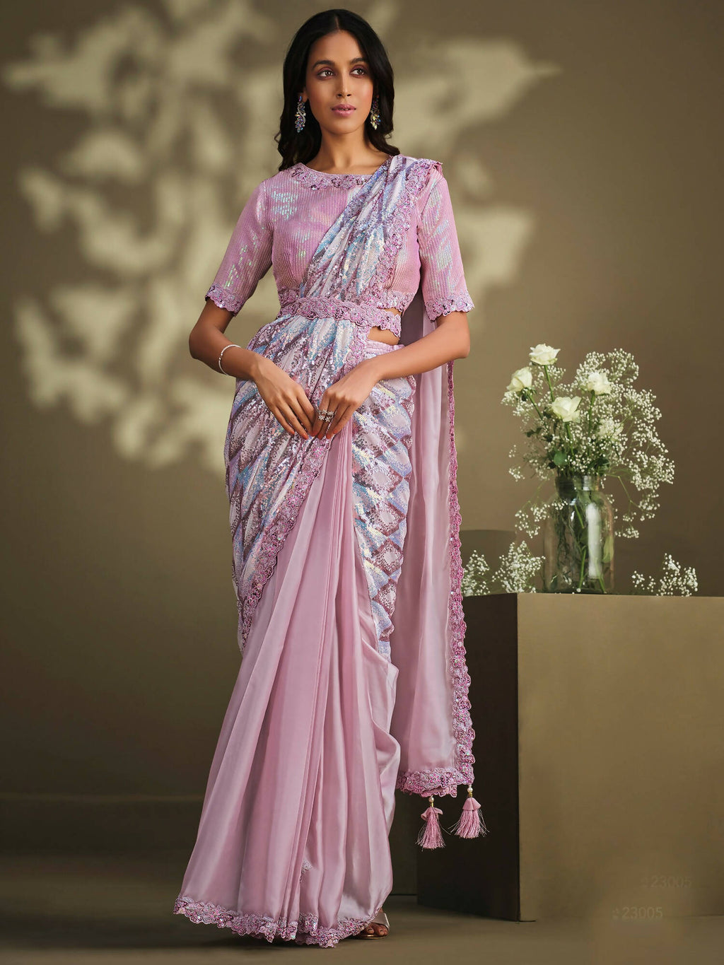 Light Pink Crepe Satin Silk Sequence Embroidered Saree With Stitched Blouse - Mohmanthan La Belle