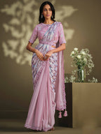 Light Pink Crepe Satin Silk Sequence Embroidered Saree With Stitched Blouse - Mohmanthan La Belle