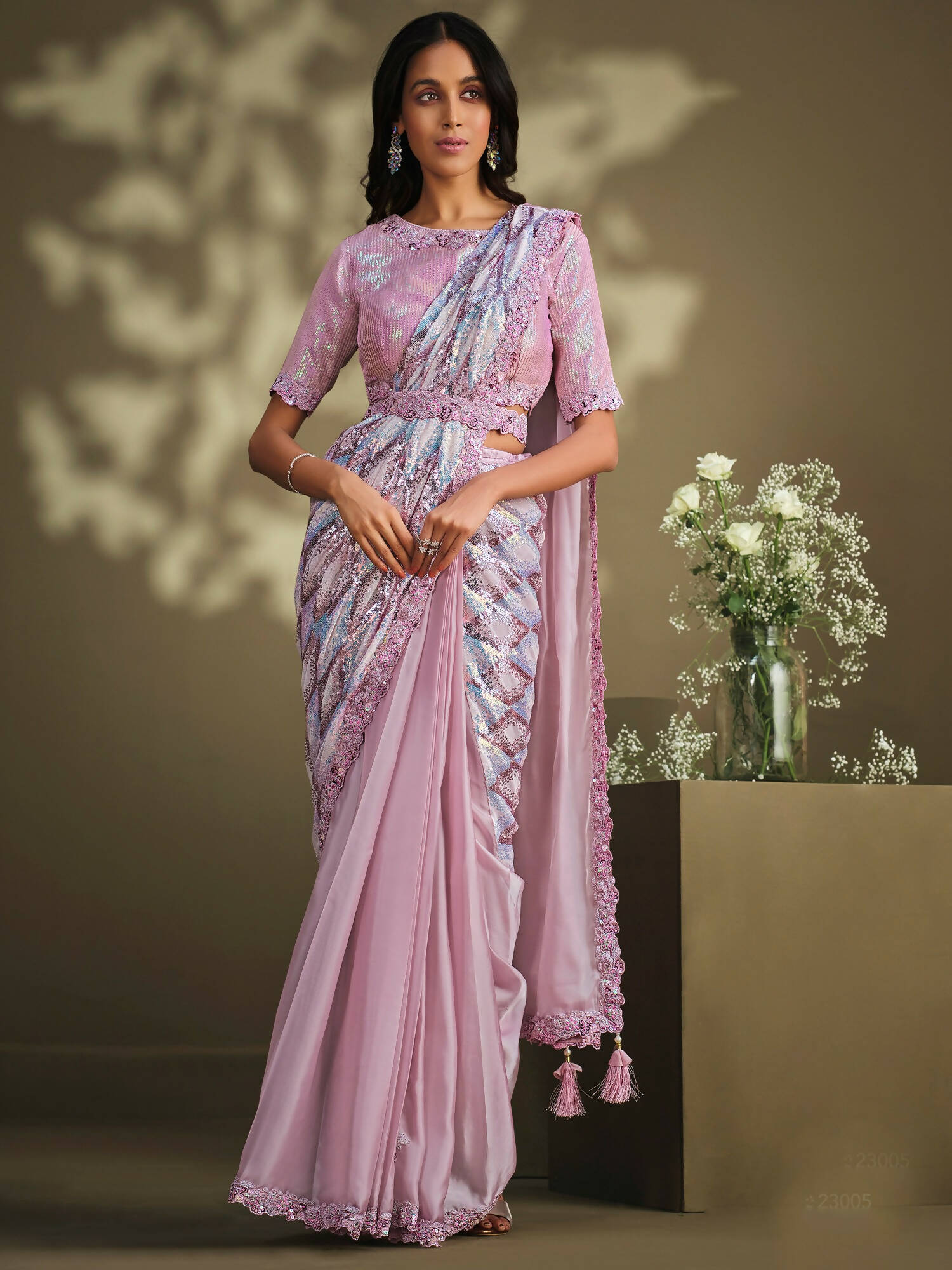 Light Pink Crepe Satin Silk Sequence Embroidered Saree With Stitched Blouse - Mohmanthan La Belle