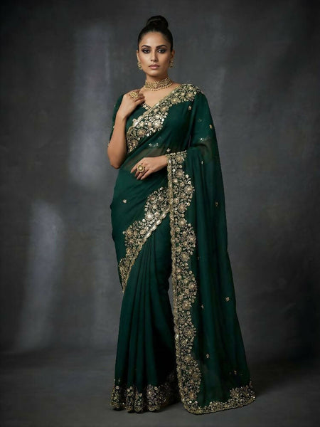 Joban Fashion Green Fandy Satin Silk Party Wear Sarees