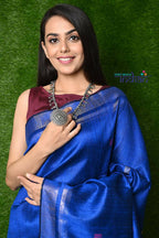 Very Much Indian Handwoven Raw Silk Dupion Saree - Cobalt Blue With Purple Pallu - Distacart
