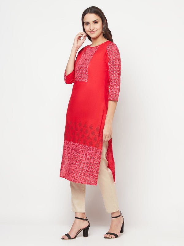 Aniyah Cotton Block Print Red Straight Kurta