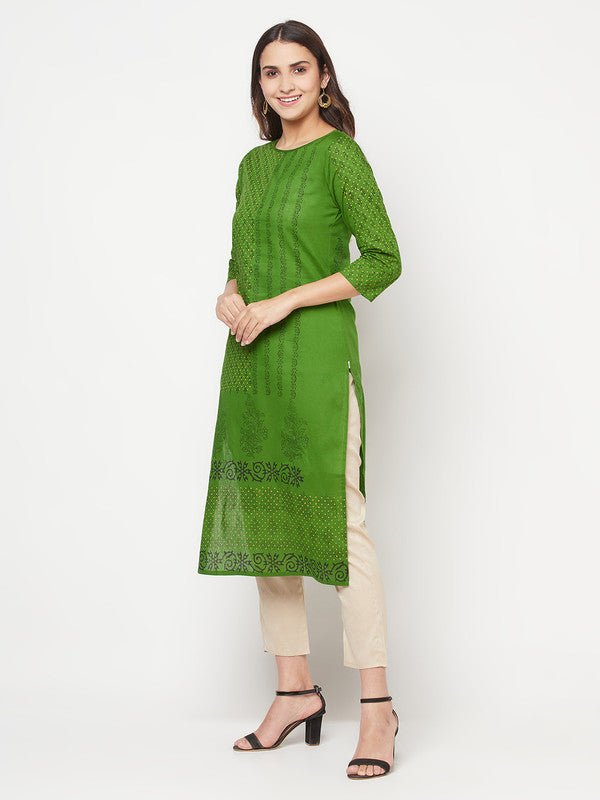 Aniyah Green Cotton Block print straight kurta