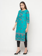 Aniyah Turquoise Cotton Block Print Straight Kurta