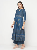 Aniyah Rayon Block Print Blue Anarkali Kurta
