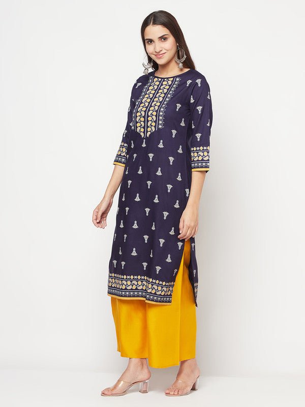 Aniyah Rayon Screen Print Navy Blue Straight Kurta