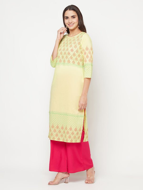Aniyah Cotton Block Print Lemon Yellow Straight Kurta