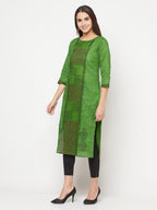 Aniyah Cotton Block Print Green Straight Kurta