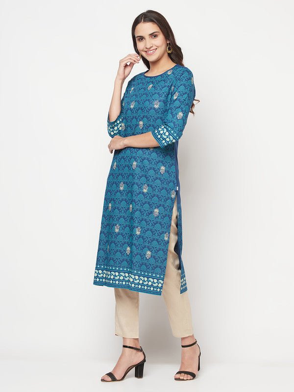 Aniyah Rayon Digital Screen Printed Blue Color Straight Kurta