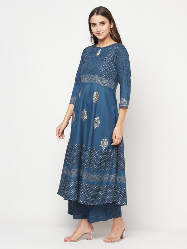 Aniyah Rayon Block Print Blue Anarkali Palazzo Set
