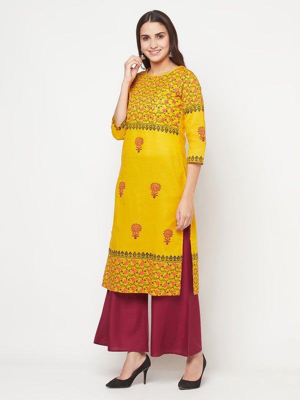 Aniyah Mustard Cotton Block Print Straight Kurta