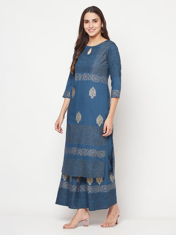 Aniyah Rayon Block Print Blue Straight Kurta Palazzo Set