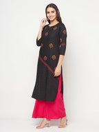 Aniyah Rayon Block Print Straight Kurta - Black