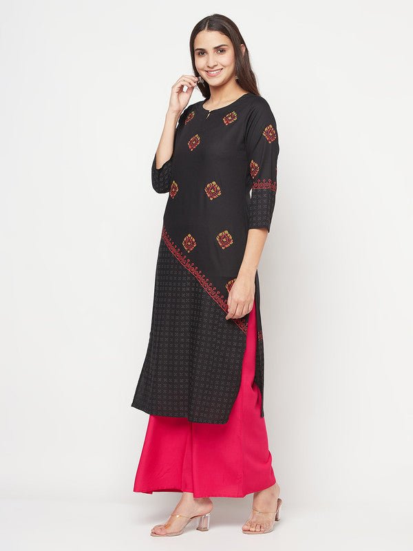 Aniyah Rayon Block Print Straight Kurta - Black