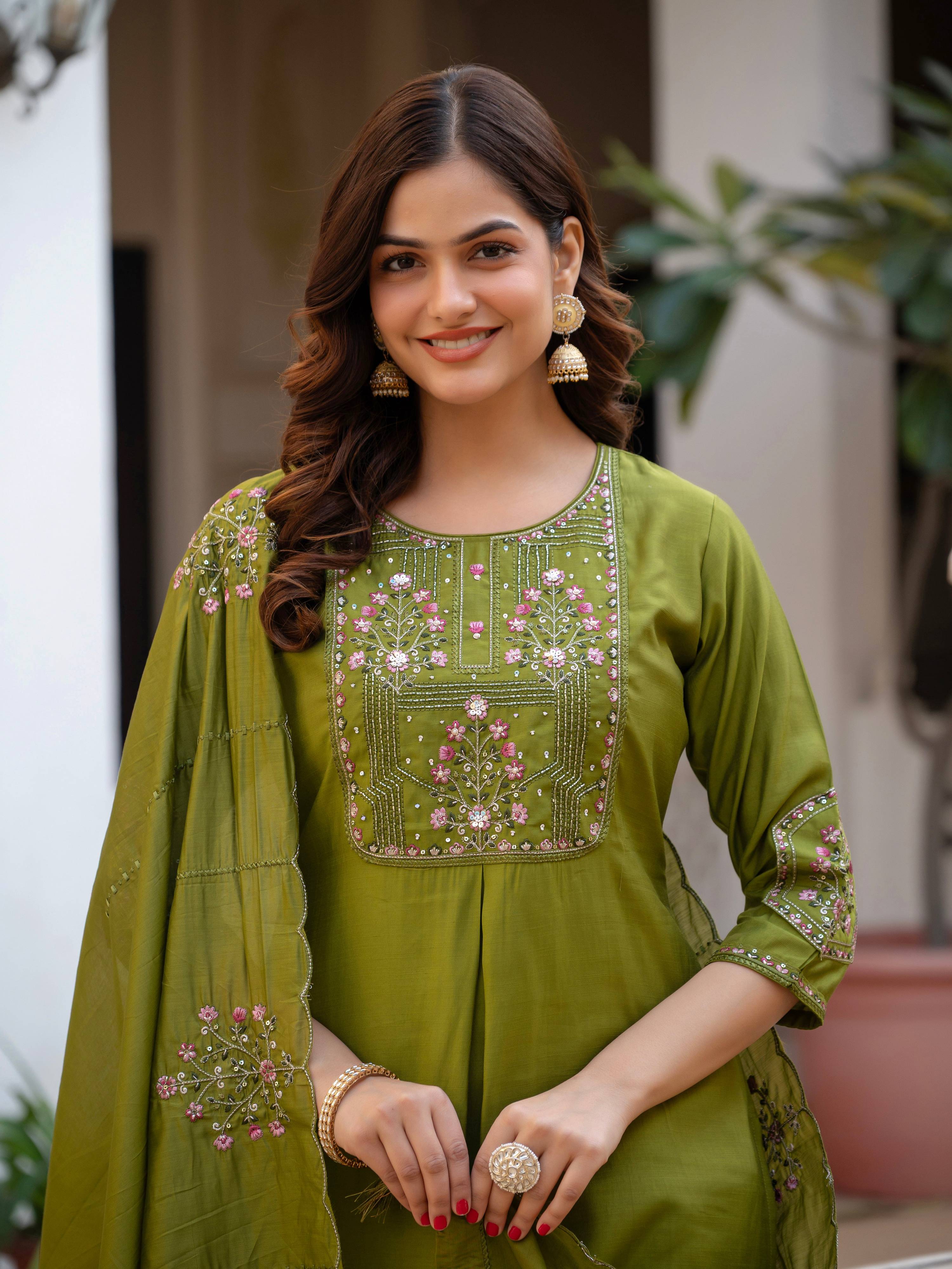 Pramukh Fab Olive Color Viscose Mango Silk Kurta Set - Distacart