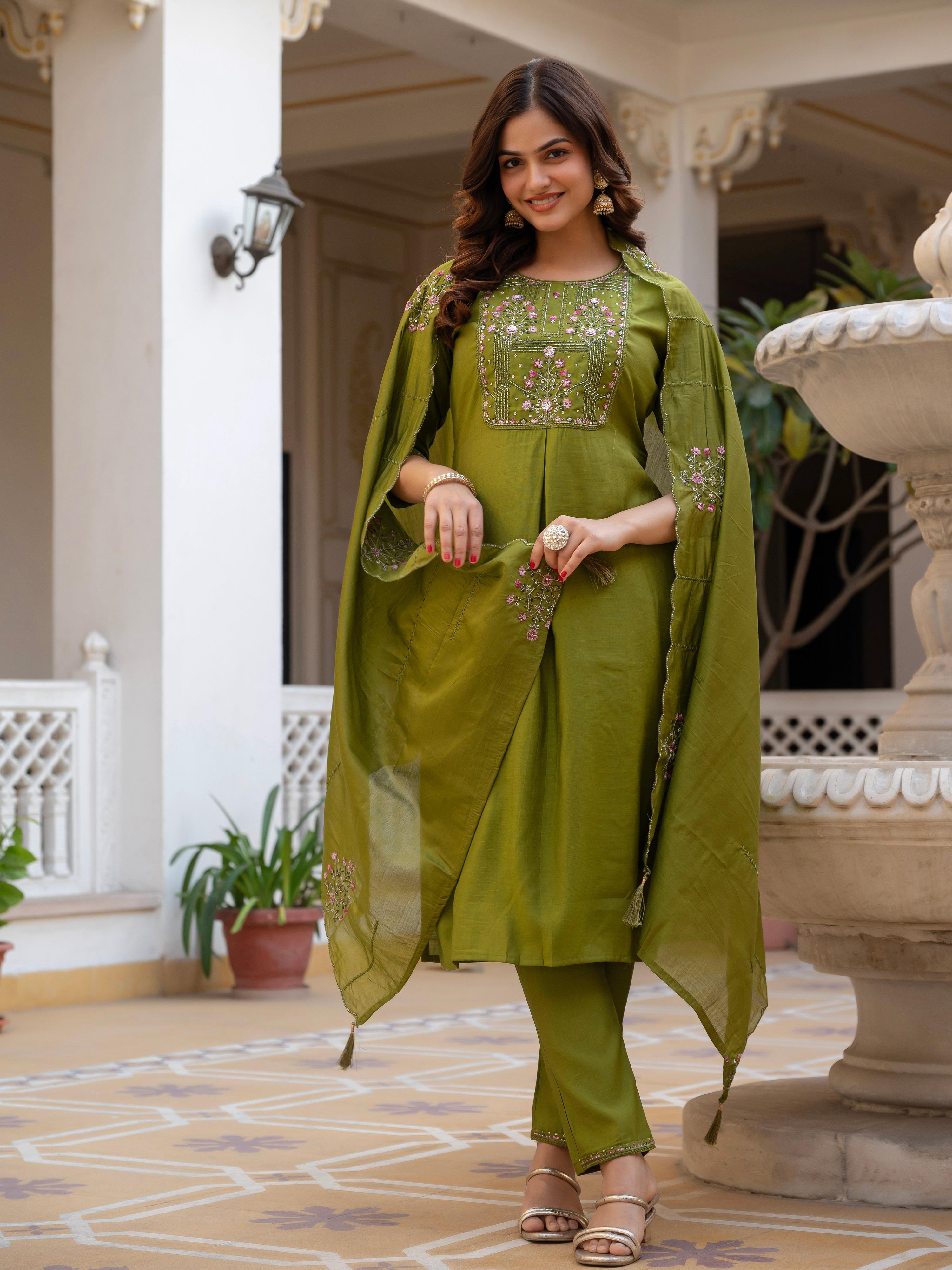 Pramukh Fab Olive Color Viscose Mango Silk Kurta Set - Distacart