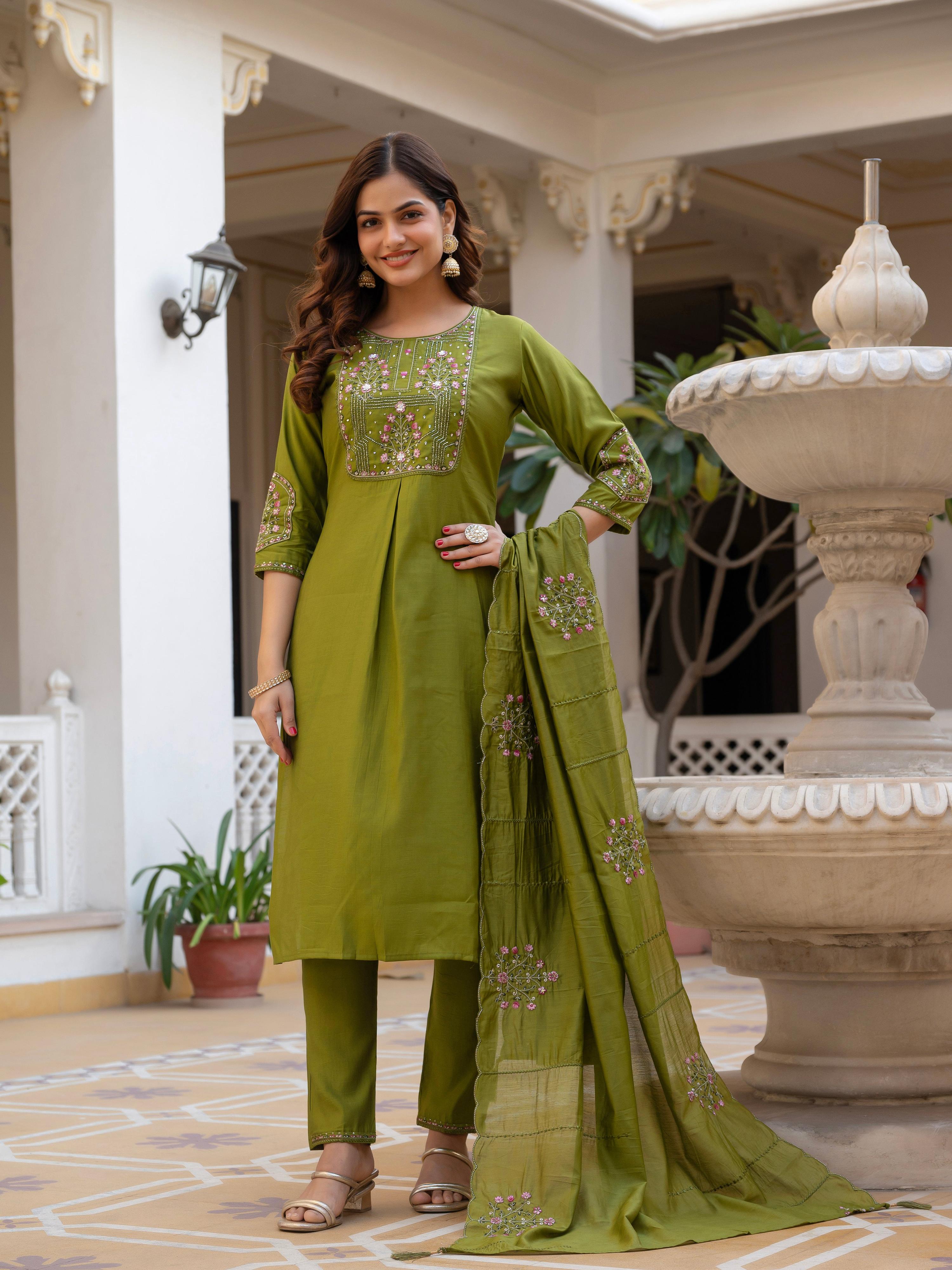 Pramukh Fab Olive Color Viscose Mango Silk Kurta Set - Distacart