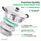 The Indus Valley 14 Pit Tri-Steel Multi Pot Premium Stainless Steel Idli/ Dhokla/ Momo Maker/  Veg Steaming Set, Tri-ply Induction Bottom, 5 Plates, 4.2L, 2.5kg