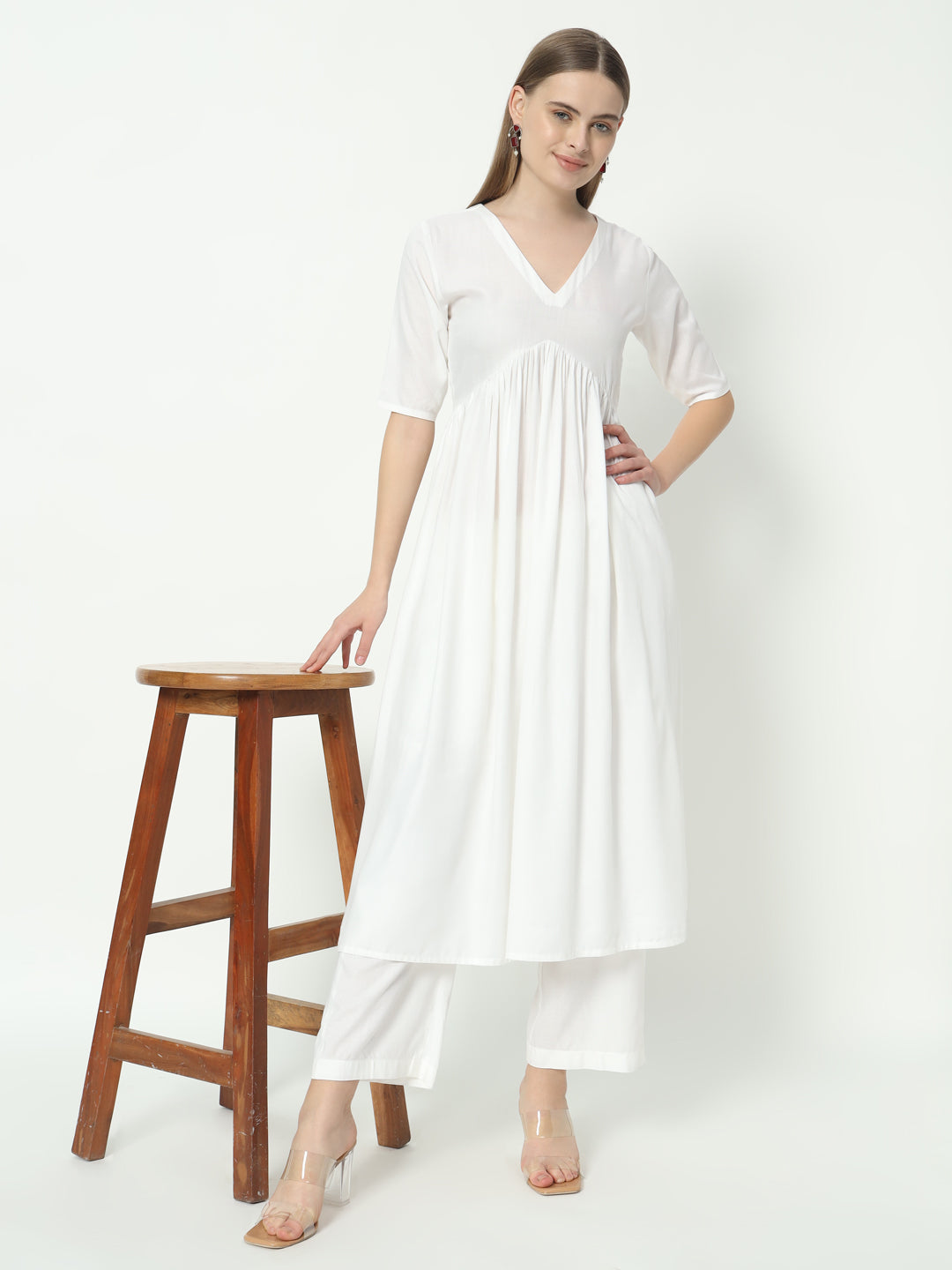 Fab Fashion Alia Cut White Pure Cotton V-Neck Top+Pant
