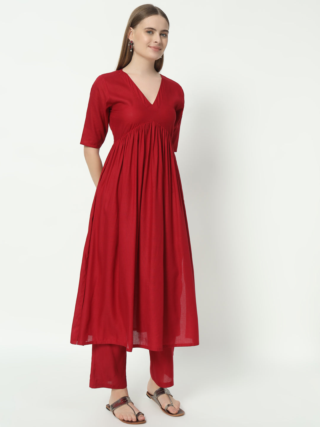 Fab Fashion Alia Cut Red Pure Cotton V Neck Top+Pant