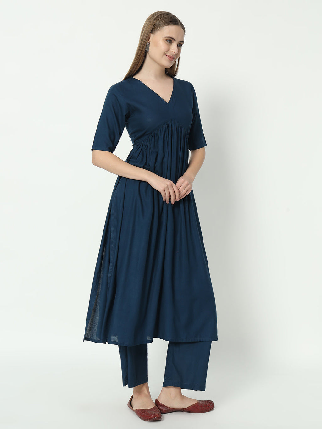 Fab Fashion Alia Cut Peacock Blue Pure Cotton V Neck Top+Pant - Distacart